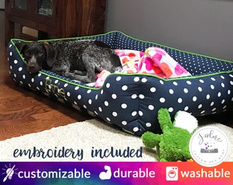 Designer Dog Bed | Navy Blue and Green, Chartreuse, Mini Dot, Polka Dot, Stripe | Choose Size & Fabrics - Removable Washable Cover