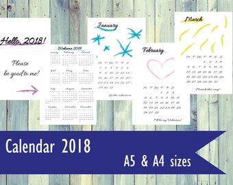 Hand drawn Monthly Calendar 2018. PDF file calendar. 2018 monthly calendar. A4 size, A5 size printable calendar.