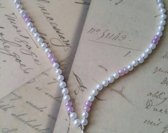 WhitePearlSeedBeadNecklaceW/SterlingSilver2inchExtension+AustrianCrystal