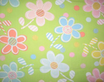 Pink Blue Yellow flowers on green home decor fabric 1 yard