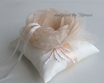Wedding ring bearer pillow with beige flower and leaves-ring holder, ring pillow-ready to ship