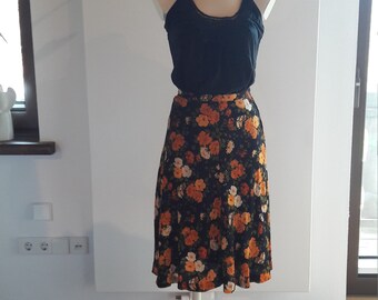 70s burnt orange black floral high waisted midi skirt