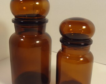 Vintage Brown Glass Belgian Apothecary Jar Set of 2 Bubble Lid Belgium