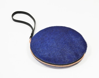 Cici - Handmade Blue Hair On Hide Leather Clutch Bag Zip Pouch Purse