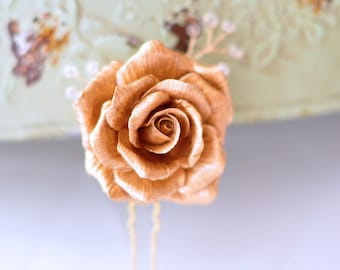 Bridal Gold Rose Hair Pin with Handwired Swarovski Crystals