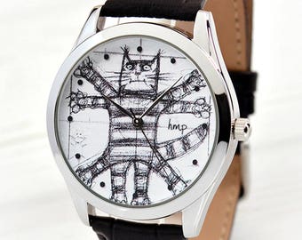 Vitruvian Cat Leather Watch | Unique Gift | Cat Lover Gift | Women's Gifts | Girlfriend Gift | Brother Gift | FREE SHIPPING