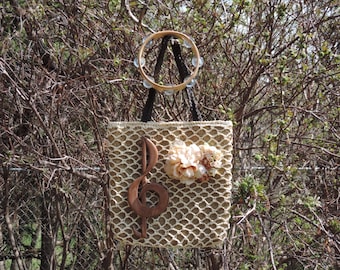 Vintage Purse,Upcycled Purse,Festival Purse,One of a Kind Purse,Boho,Hippy,Tambourine,Grass Purse,Basket Purse,Vintage Bag,The Note