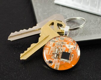 Circuit Board Keychain Orange, Geeky Gift, Recycled Computer Key Fob, Information Technology Gift, Software Engineer, Industrial Chic, Nerdy