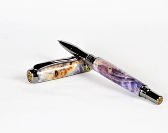 Wooden Rollerball Pen. Handmade in Yorkshire from Dyed Poplar Burr Wood,Great Birthday Gift, Graduation, Christmas, Anniversary.