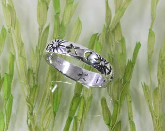Sun, moon and stars, ring, 925 sterling silver -- 6052