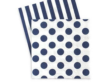 Navy Blue and White Napkins / Navy and White / Navy Stripe Napkins / Navy Polka Dot Napkins