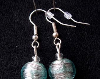 Brown and Aqua Striped Glass Bead Earrings