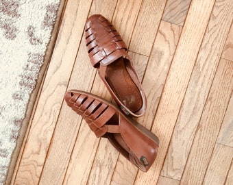 fisherman sandals leather woven 90s flats euro bass genuine cut brown