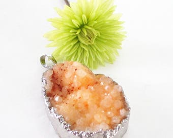 Druzy Pendant - Merigold Orange Druzy Geode Pendant - Edged Silver - Rough Gemstone - Druzy Jewelry Gift - Select With/Without Chain