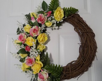 Yellow and Pink Roses on a Half Wreath