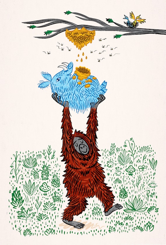 Wild Honey - Orangutan and Warthog - children's animal art illustration - art print - iOTA iLLUSTRATiON