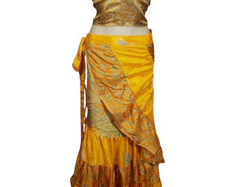 Yellow Printed Sexy Dress Upcycled Silk Sari  2 Pieces Wrap Around Skirt With Halter Crop Top