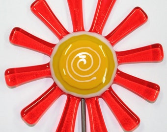 Glassworks Northwest - Brilliant Orange Daisy Flower Stake - Fused Glass Garden Art