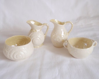 2 Pair Belleek Creamer Sugar - 4 pieces - Irish Porcelain - 4th Green Mark - 1945 to 1955 - Neptune Cream Sugar - Ivy Cream Sugar
