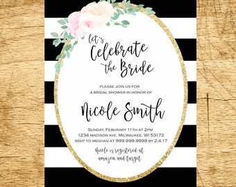 Black and White Bridal Shower Invitation, Whimsical Bridal Shower Invite, Striped Bridal Shower Invitation, Floral Bridal Invitation