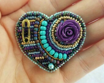 Bead Embroidered Rose of Hope Heart Brooch