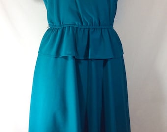 Womens Vintage Teal Faux Wrap Dress with Butterfly Sleeves and Peplum size S