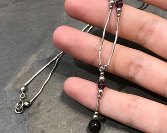16", Vintage sterling silver necklace, ruby beads pendant with liquid silver chain, silver tested