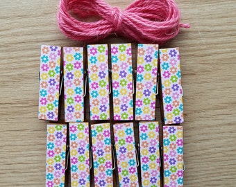 Pinky Bright Tiny Summer Flowers Clips w Twine for Photo Display - Chunky Little Clothespin Set of 12 - Girl Baby Birthday Shower