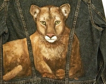 Hand painted Cougar on denim jean jacket