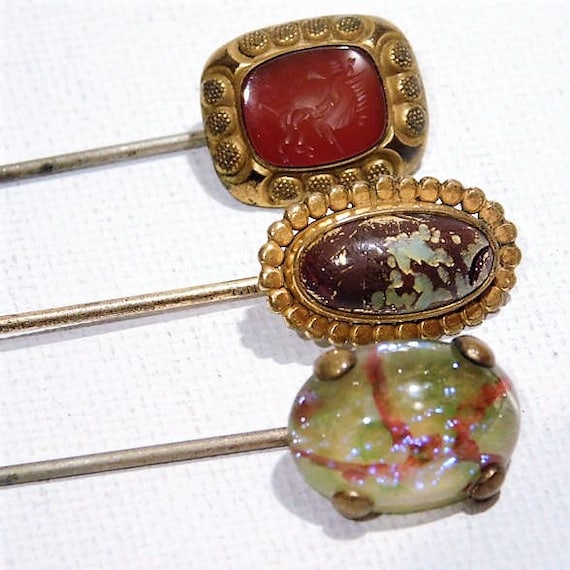 Antique Stick Pin / Victorian Hat Pin / Edwardian Stickpin / Foil Art Glass / Dragons Breath / Carnelian Glass / Intaglio