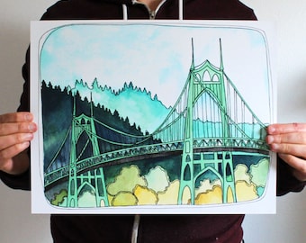 Art Print - Portland Art - St Johns Bridge Illustration - Portland Art Print - Print of St Johns Bridge - 11x14 Print - St Johns Bridge