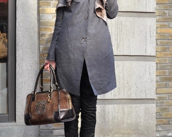 Linen Trench Coat Jacket In Grey, Long Coat Winter Coat Jacket, Women Coat, Swing Coat, linen coat, linen jacket, gray coat, long blazer