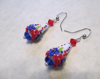 Patriotic Red, White and Blue Cone Lampwork Earrings