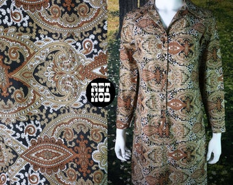 Lovely Vintage 70s Brown, Beige & Black Paisley Shirt Shift Dress