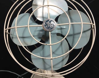 Vintage fan, vintage General Electric fan, blue and white fan