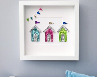 Beach hut art, nautical decor, coastal wall art, framed art, home decor, new home gift, housewarming, birthday gift, seaside art, wall art