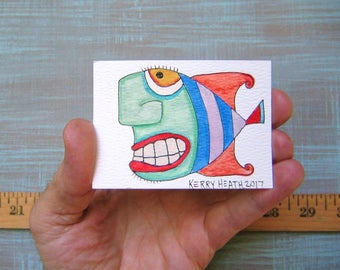 Fish-J53, Original ACEO Watercolor, Art Trading Card, Miniature Painting, by Fig Jam Studio