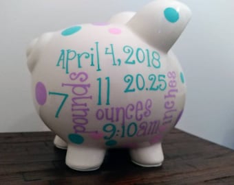 Hand Painted Polka Dot Baby Birth Announcement Ceramic Large Personalized Boys or Girls Piggy Bank