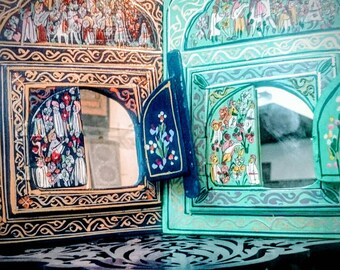 Small wooden mirror painted patterned Moroccan (Morocco mirror)