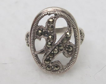 Sterling Silver Marcasite Oval Open Cut Work Ring- as it is- Size 6