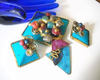 Vintage Set Mixed Media Jewelry Set Brooch Earrings Glass Metal Blown Glass Metal 3-D Dangling Pieced Earrings 1980s 1990s Statement Set