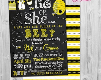 Bee Gender Reveal Invitation Printable, What will it Be Theme, What will it Bee Gender Reveal Party Invite, Chalkboard Style, Blue or Pink