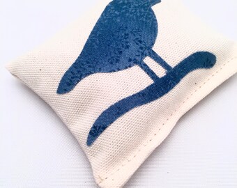 Lavender Sachet with Chickadee Appliqué in Cotton Canvas - Small Lavender Pillow with Bright Blue Chickadee