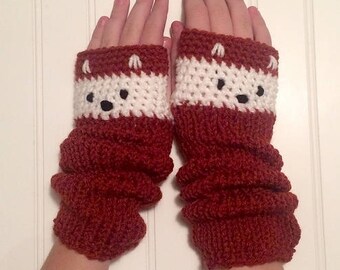 Fox Mitts - Fingerless Gloves in Rust Red and Cream