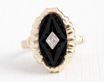 Vintage Onyx Ring - Antique Art Deco 10K Rosy Yellow Gold Carved Black Gemstone & Diamond - 1930s Size 7 3/4 Statement Fine Jewelry