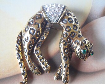 Vintage Florenza Style Green Eyed Leopard Brooch/Pin Articulated Tail Vintage Figural