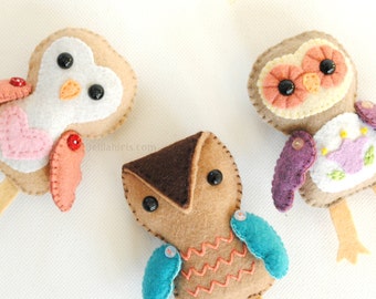 Felt Ornament Pattern - Stuffed Owl Christmas Ornament Pattern - 3 Cute Owls PDF Sewing Pattern - Owl Felties Stuffed Toys