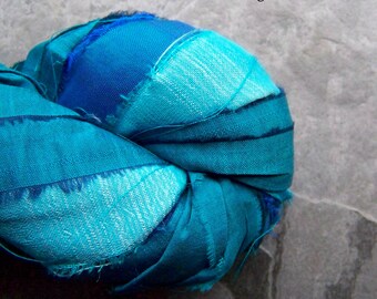 Recycled Sari Ribbon, Striped Ribbon, Silk Sari Ribbon, Reclaimed, Turquoise Ribbon, Tassel Ribbon, Vibrant Turquoise, Boho Ribbon, 5 Yards