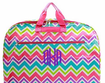 Personalized Multi Chevron Garment Bag with Hot Pink Trim Hanging Bag-Canvas Like Material-Monogrammed FREE-Dance Recitals