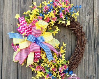 Yellow Forsythia Wreath, Spring Wreath, Summer Wreath, Front Door Wreath, Yellow Wreaths, Forsythia Wreath, Pink Blossom Wreath, Wreaths